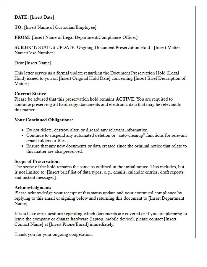 Document Preservation Hold Status Update Letter