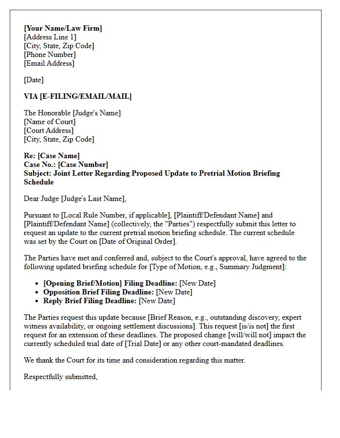 Pretrial Motion Briefing Schedule Update Letter