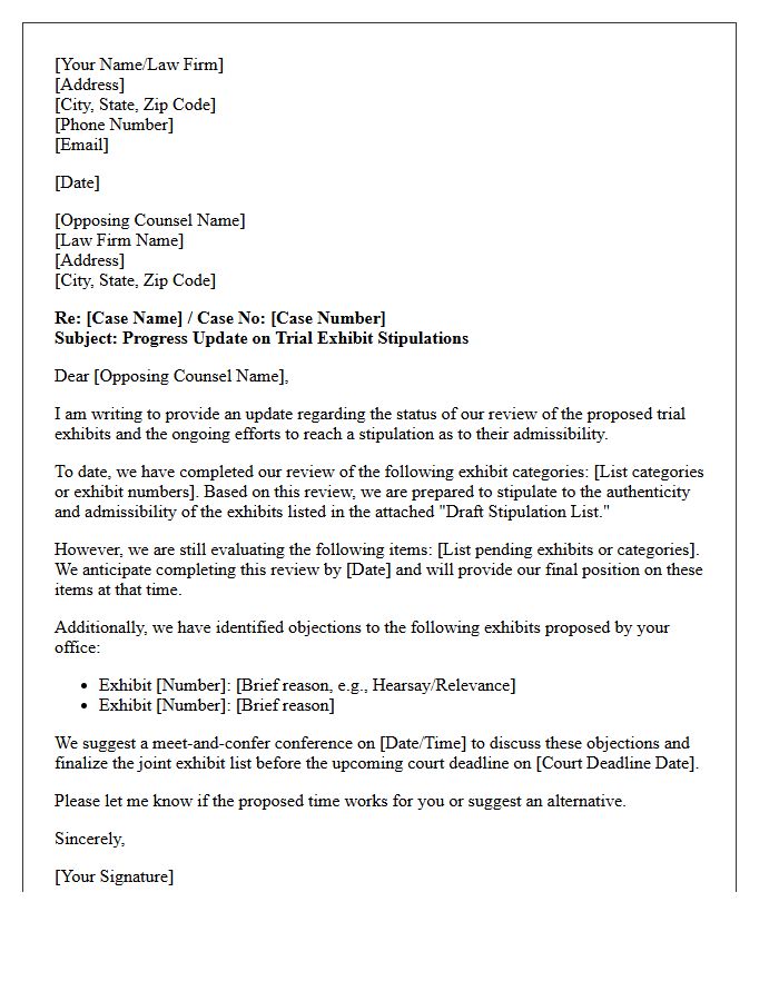 Trial Exhibit Stipulation Progress Update Letter