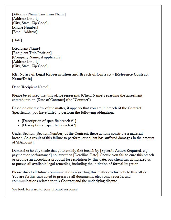 Breach of Contract Dispute Representation Letter