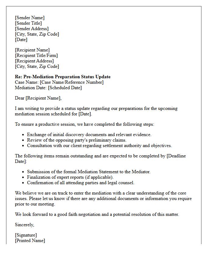 Pre-Mediation Preparation Status Letter