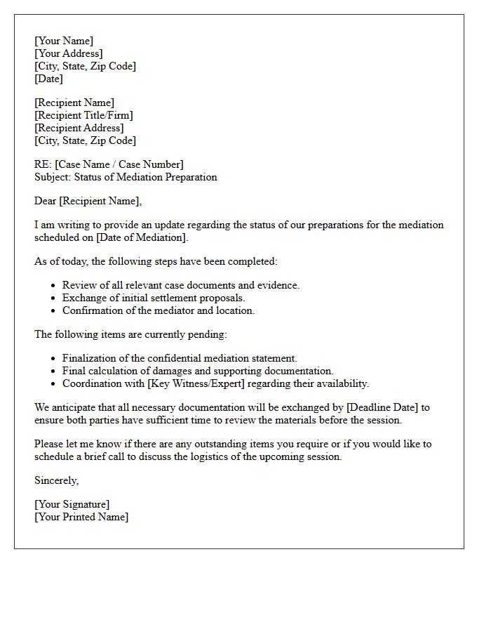 Letter Of Status Regarding Mediation Preparation