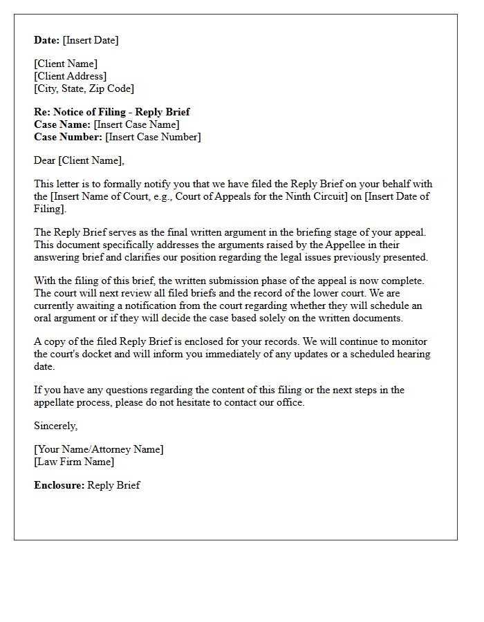 Reply Appellate Brief Filing Status Letter