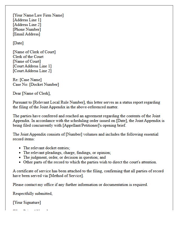 Joint Appendix Appellate Brief Filing Status Letter