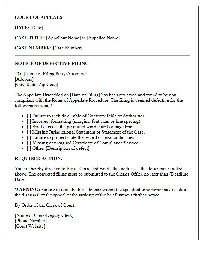 Defective Appellate Brief Filing Notice Letter