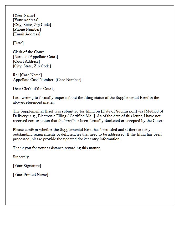 Supplemental Appellate Brief Filing Status Letter