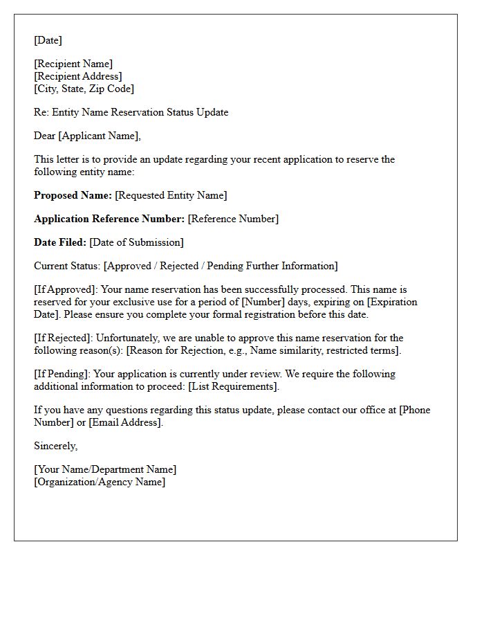 Initial Entity Name Reservation Status Update Letter