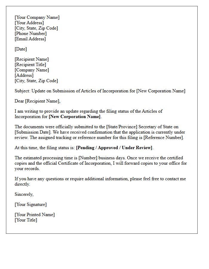 Articles of Incorporation Submission Status Update Letter