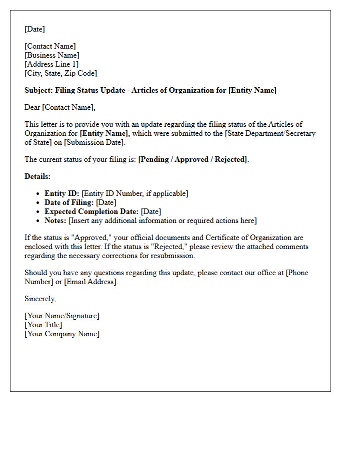 Articles of Organization Filing Status Update Letter