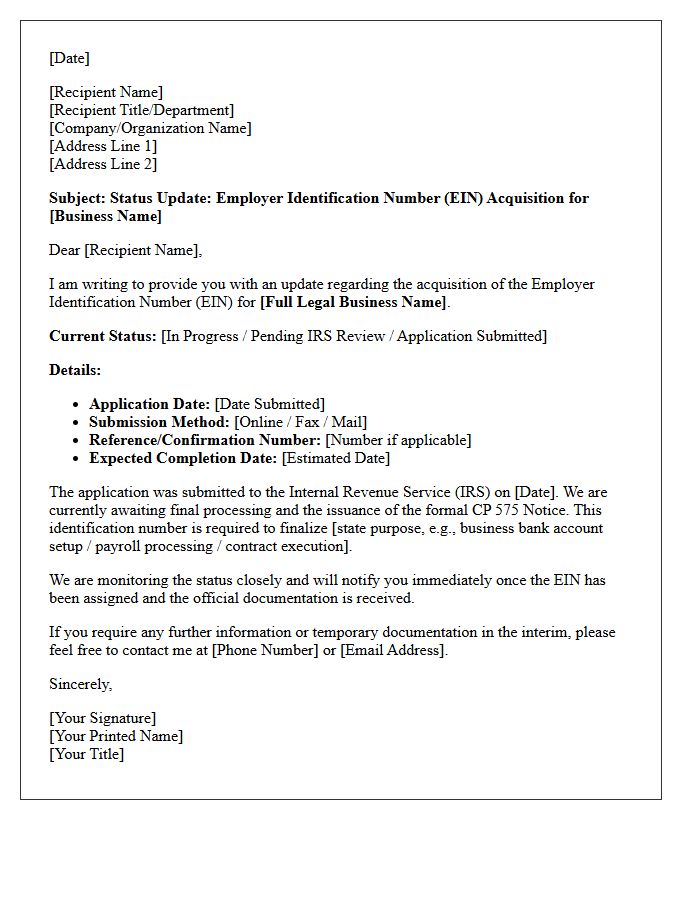 Employer Identification Number Acquisition Status Update Letter