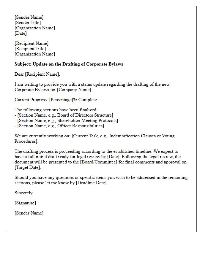 Corporate Bylaws Drafting Status Update Letter