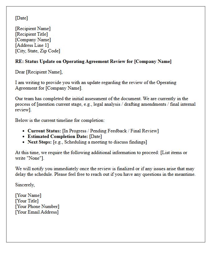Operating Agreement Review Status Update Letter