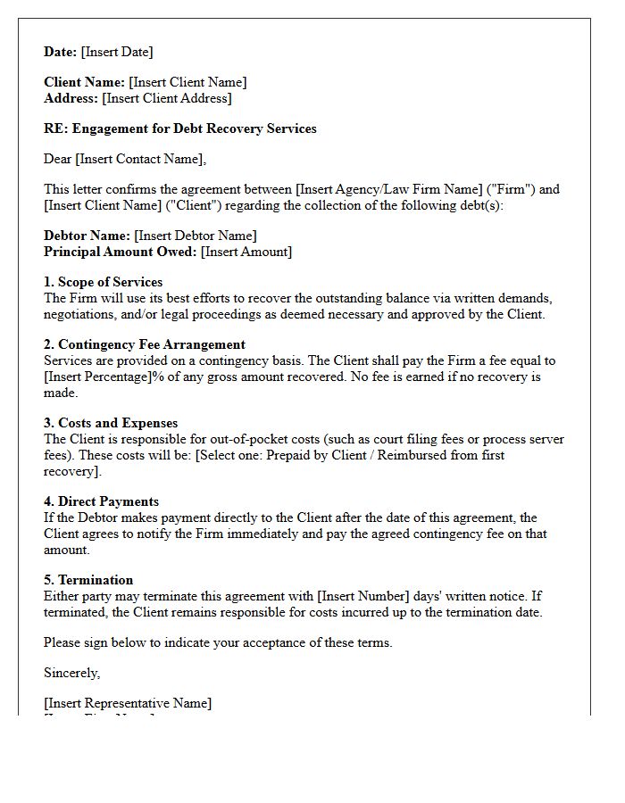 Contingency Fee Debt Recovery Engagement Letter