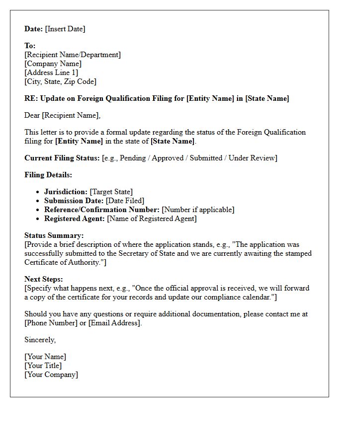 Foreign Qualification Filing Status Update Letter