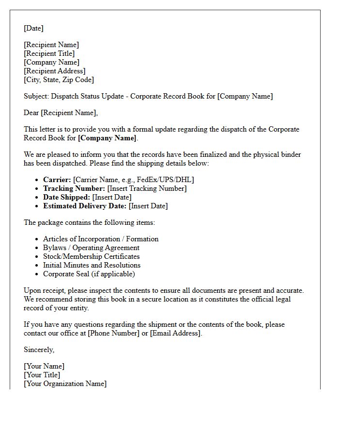 Corporate Record Book Dispatch Status Update Letter