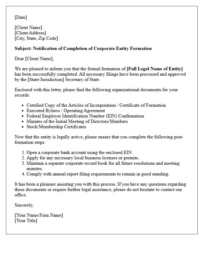 Final Corporate Entity Formation Completion Letter