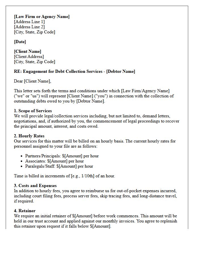 Hourly Rate Debt Collection Services Engagement Letter
