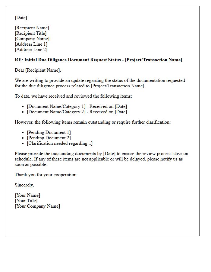 Initial Due Diligence Document Request Status Letter