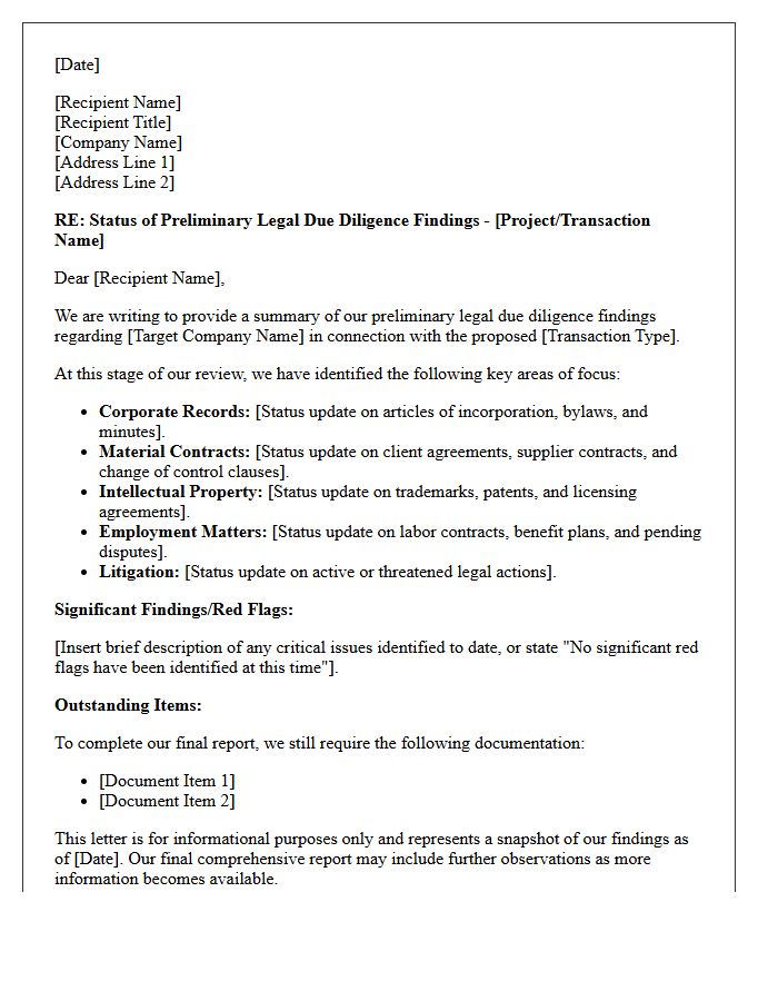 Preliminary Legal Due Diligence Findings Status Letter