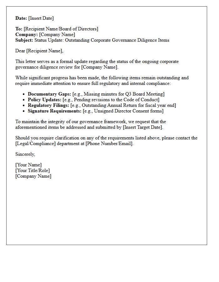 Outstanding Corporate Governance Diligence Status Letter