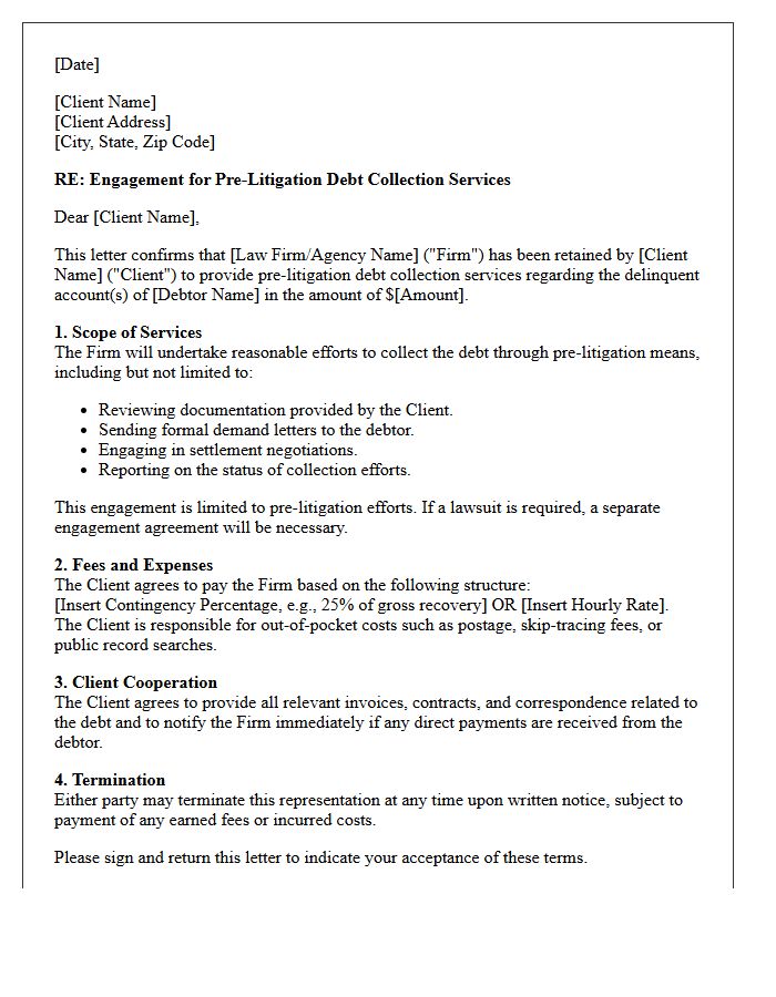 Pre-Litigation Debt Collection Engagement Letter