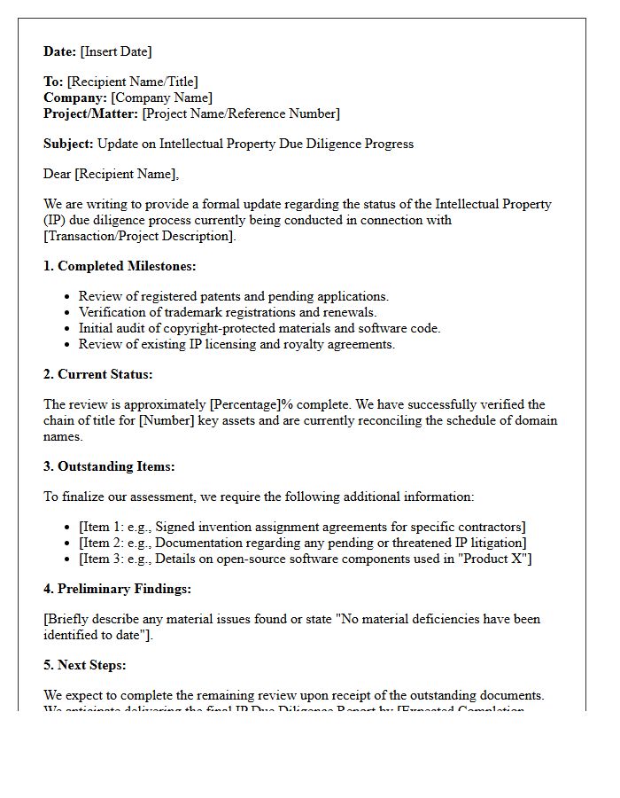 Intellectual Property Due Diligence Update Letter