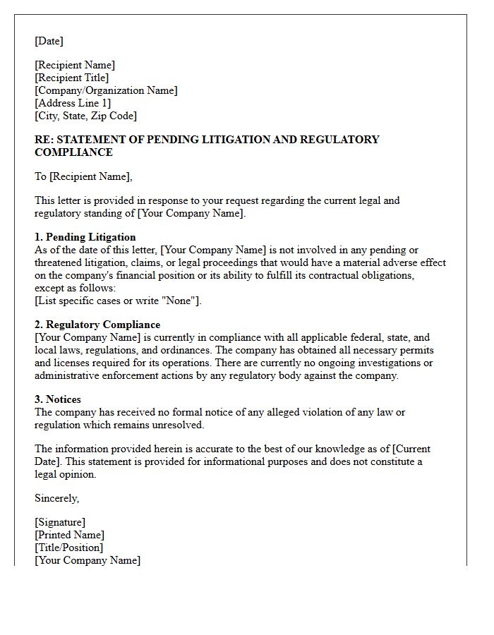 Pending Litigation And Regulatory Compliance Status Letter