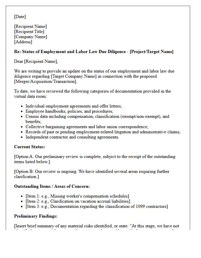 Employment And Labor Law Due Diligence Status Letter