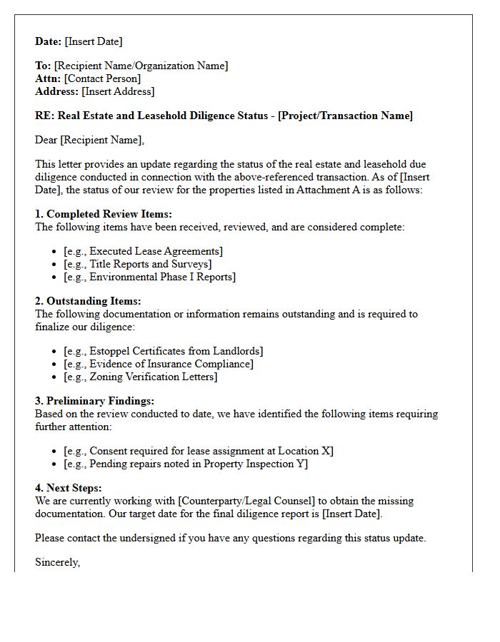 Real Estate And Leasehold Diligence Status Letter