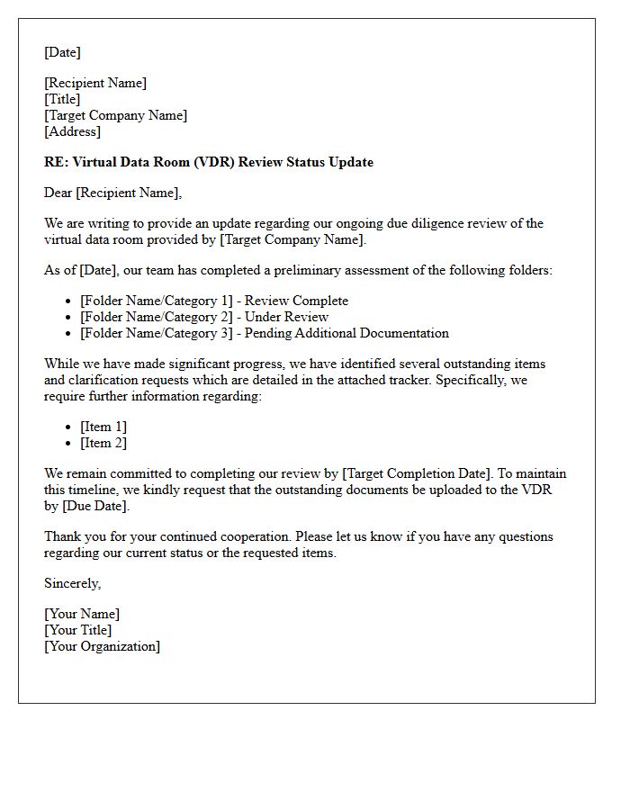Target Company Virtual Data Room Review Status Letter