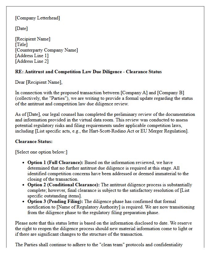 Antitrust And Competition Diligence Clearance Status Letter