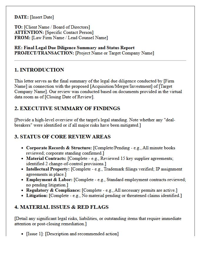 Final Legal Due Diligence Summary And Status Letter