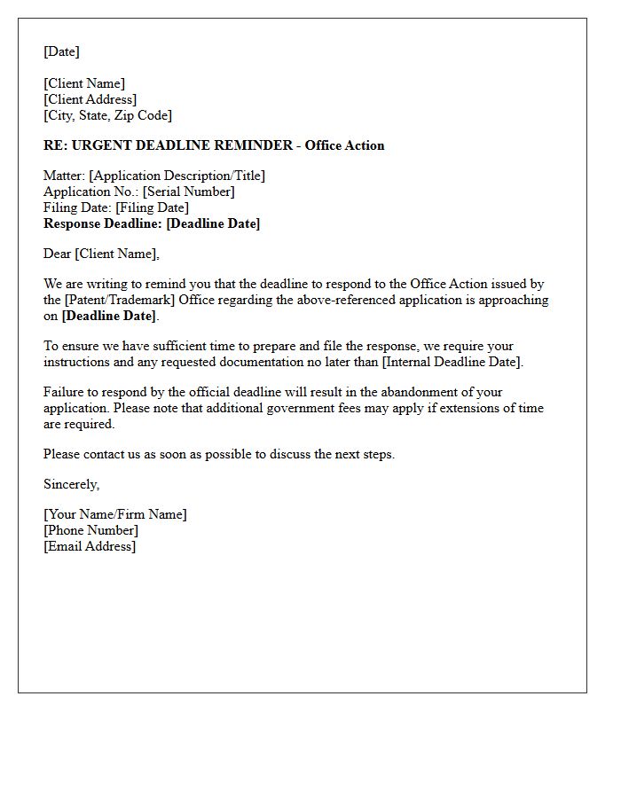 Office Action Deadline Reminder Letter