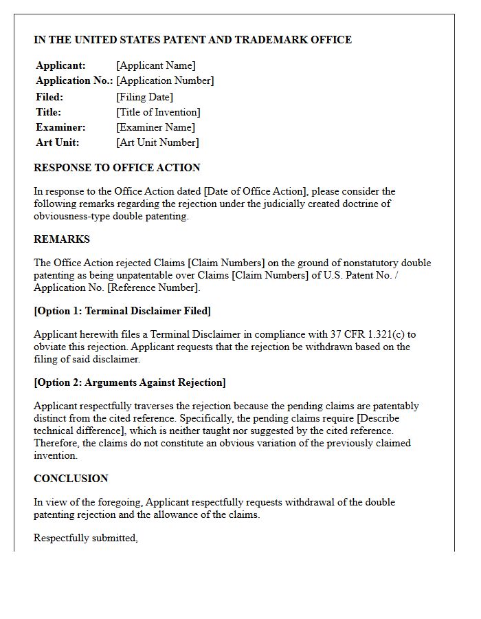 Double Patenting Rejection Office Action Letter