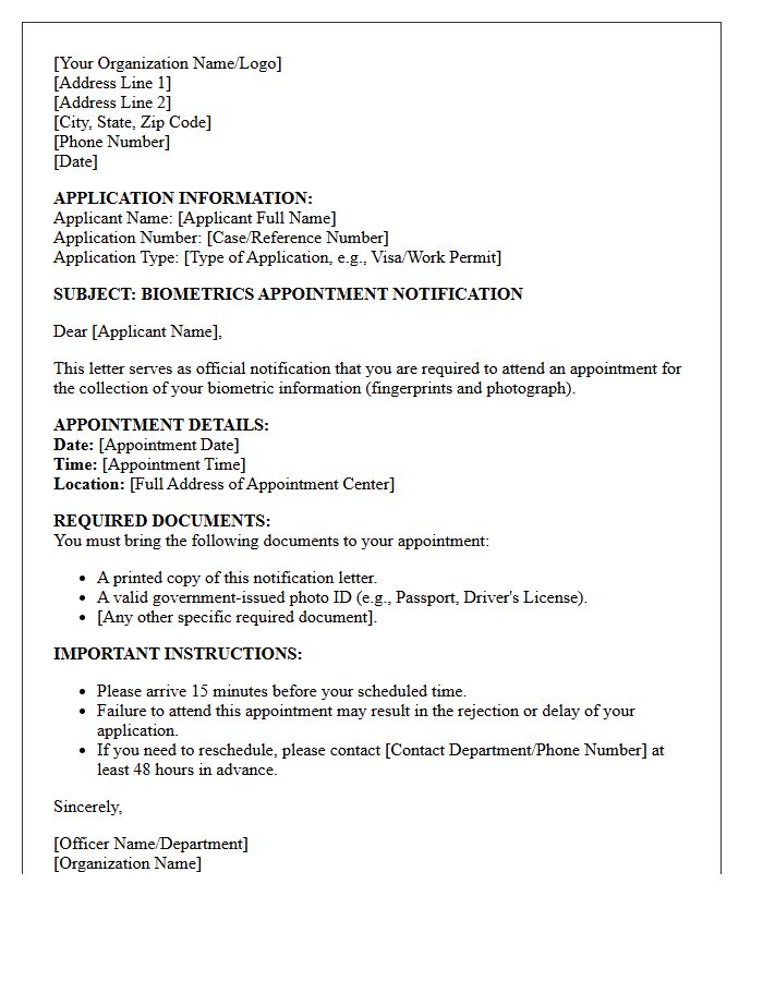 Biometrics Appointment Notification Letter