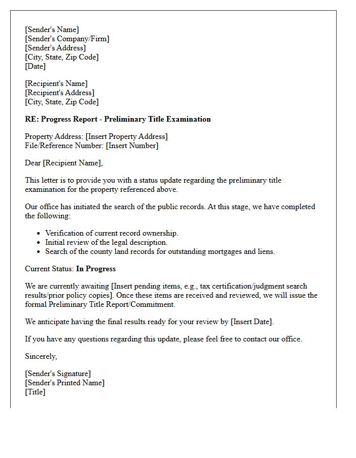 Preliminary Title Examination Progress Letter
