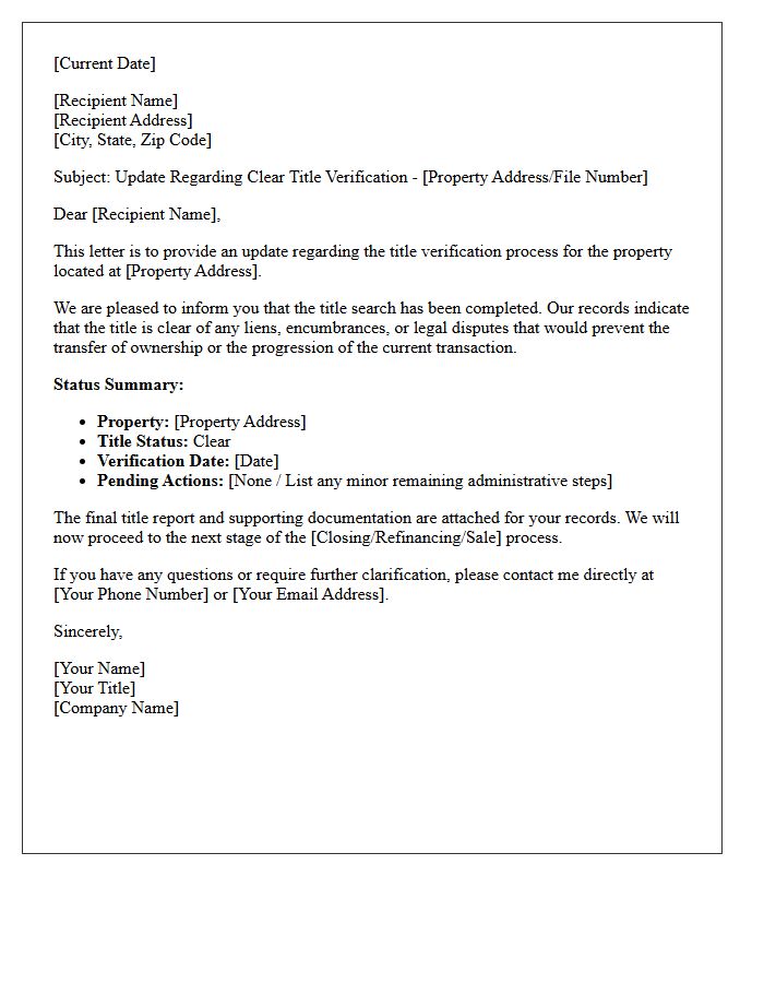 Clear Title Verification Update Letter