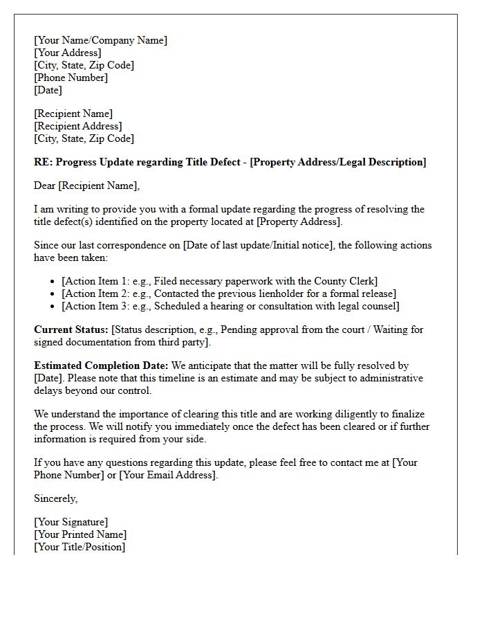 Title Defect Resolution Progress Letter