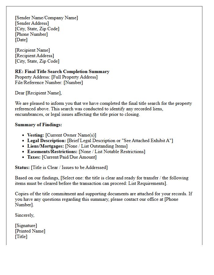 Final Title Search Completion Summary Letter