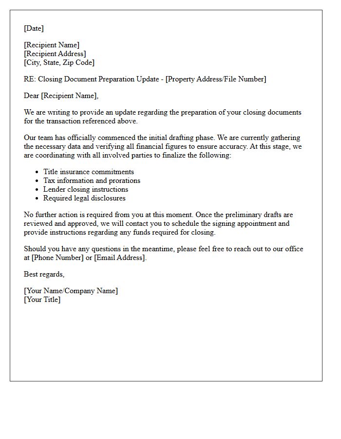 Initial Closing Document Preparation Status Update Letter