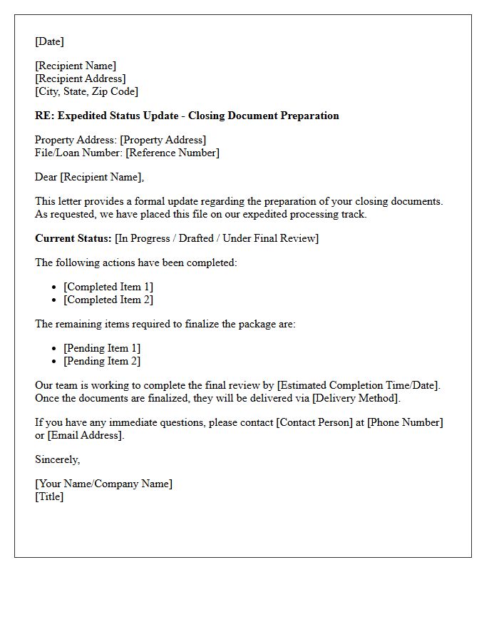 Expedited Closing Document Preparation Status Update Letter