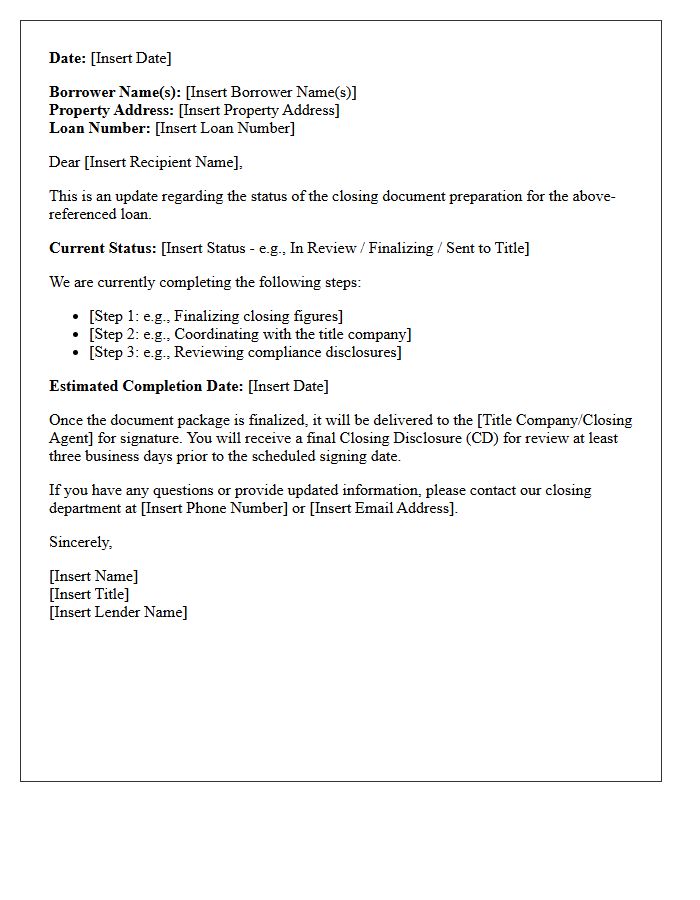 Lender Closing Document Preparation Status Update Letter