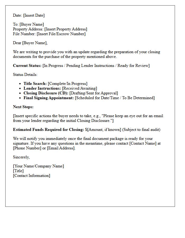 Buyer Closing Document Preparation Status Update Letter