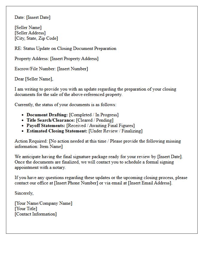Seller Closing Document Preparation Status Update Letter