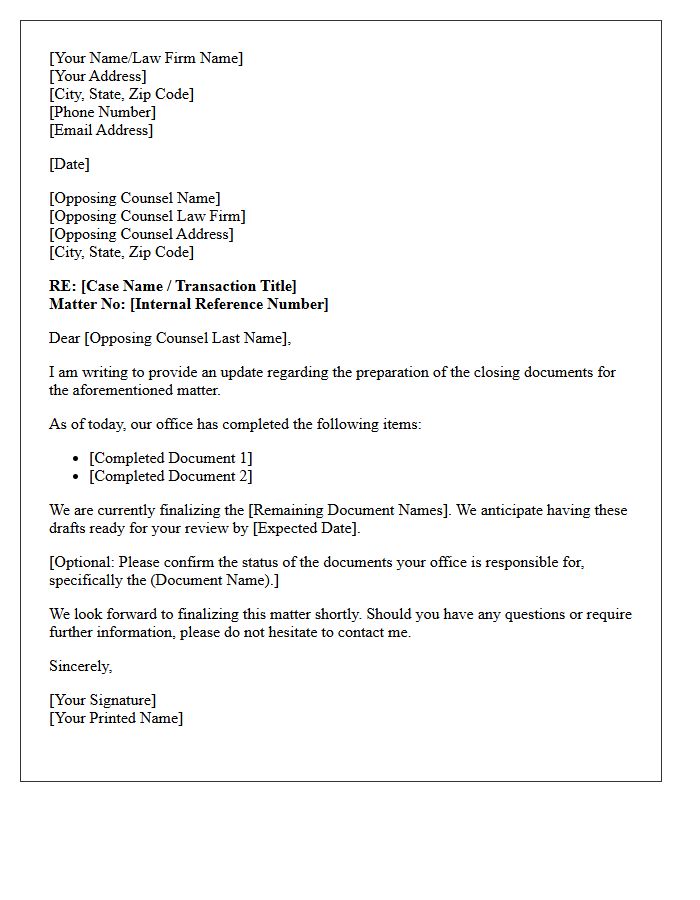 Opposing Counsel Closing Document Preparation Status Update Letter