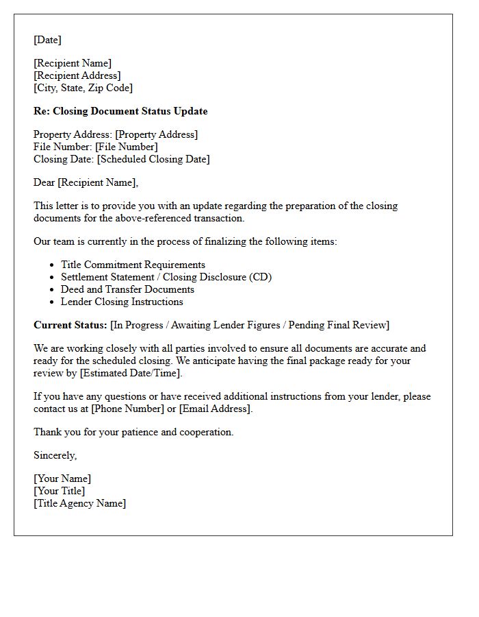 Title Agency Closing Document Preparation Status Update Letter