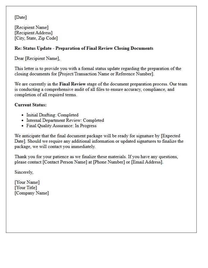 Final Review Closing Document Preparation Status Update Letter