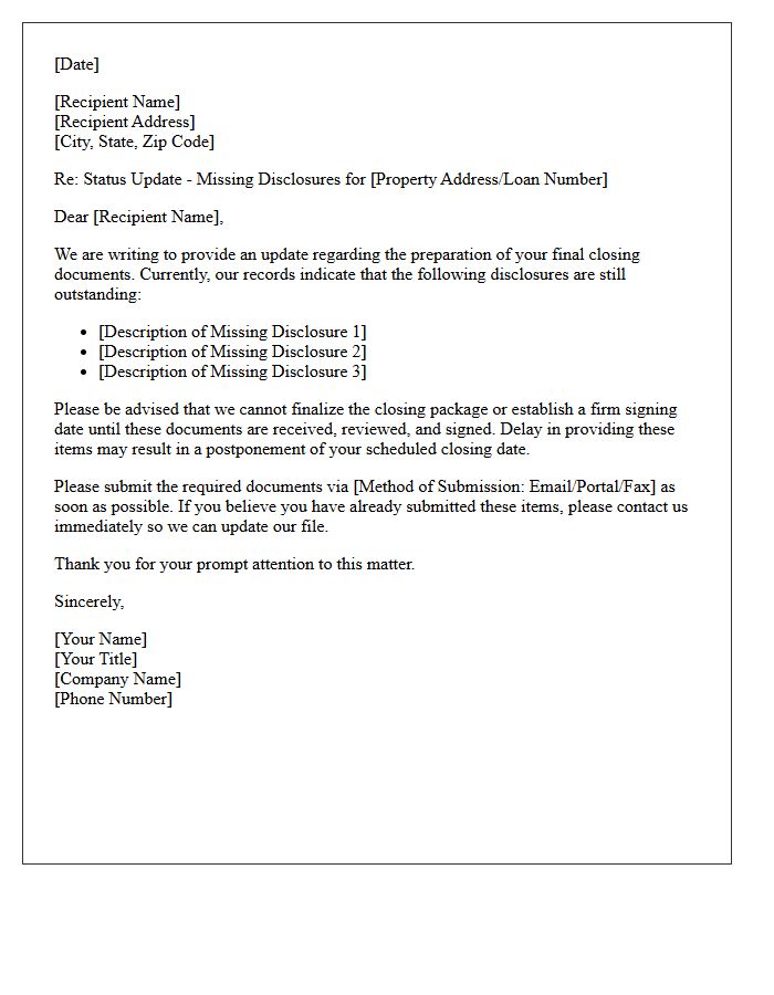 Missing Disclosures Closing Document Preparation Status Update Letter
