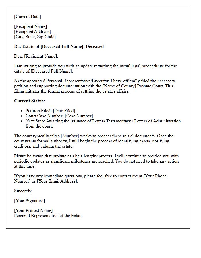 Initial Probate Filing Progress Update Letter