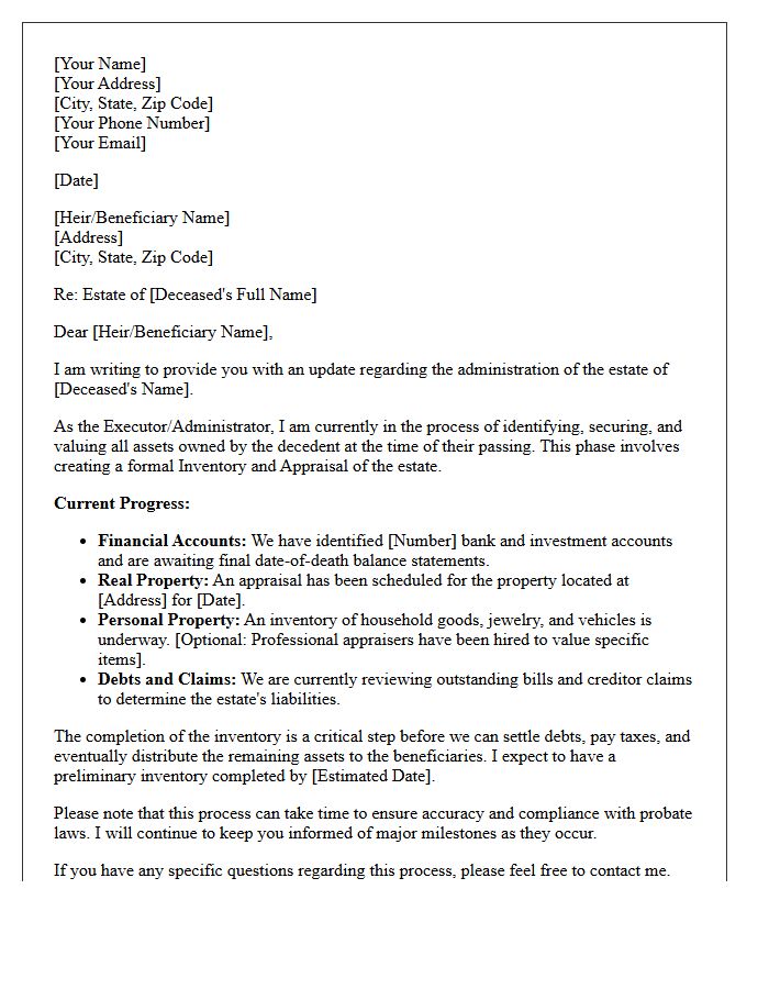 Estate Asset Inventory and Appraisal Progress Letter